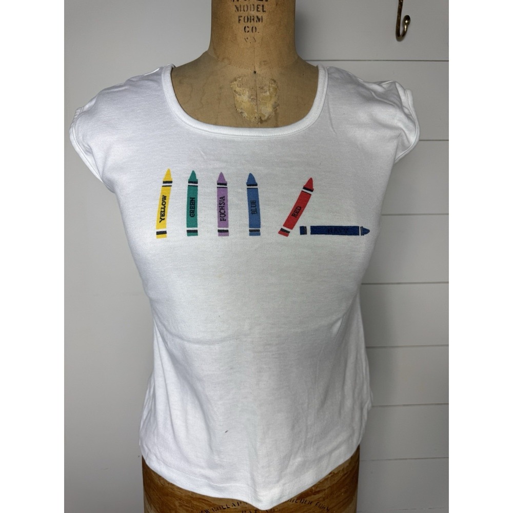Vintage 1970's Crayon White Graphic Print Cap Sleeve Women's T-Shirt Size S